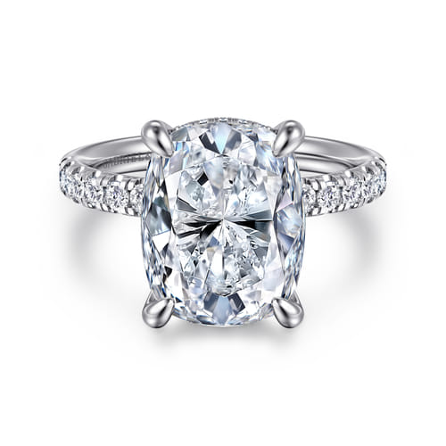 14K White Gold Elongated Cushion Hidden Halo Diamond Engagement Ring