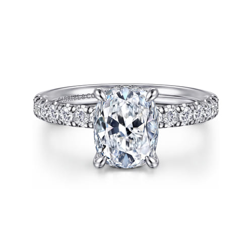 14K White Gold Elongated Cushion Hidden Halo Diamond Engagement Ring