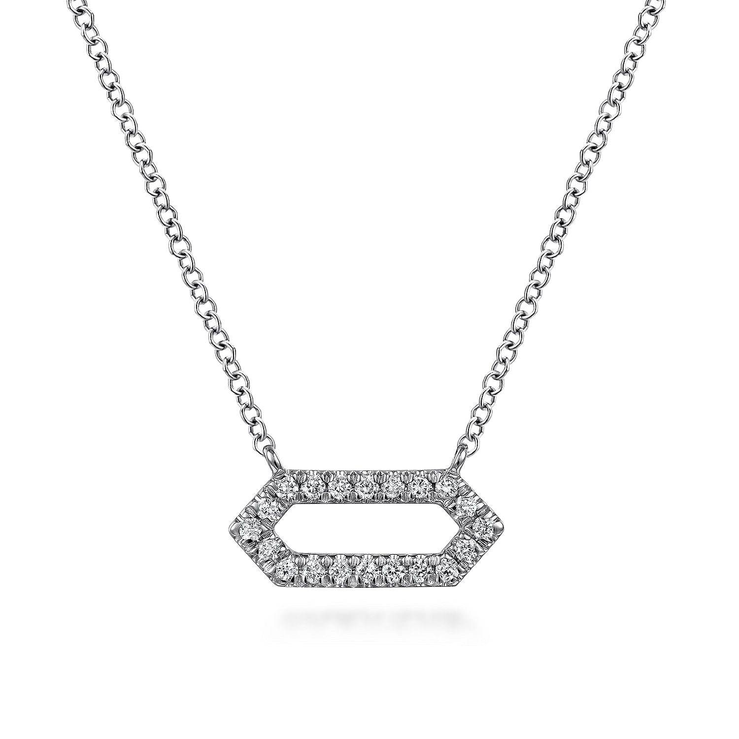 14K White Gold Elongated Hexagonal Diamond Pendant Necklace