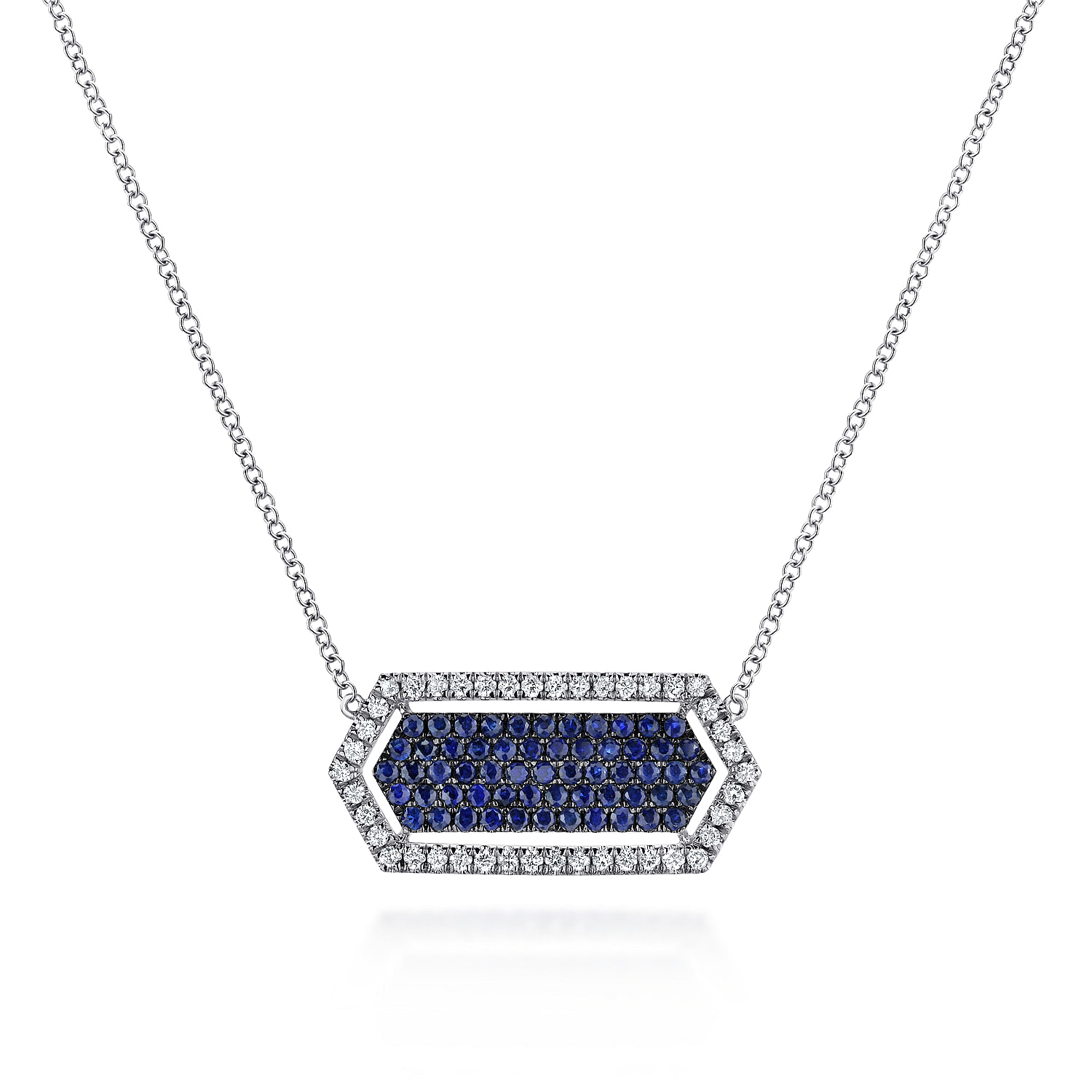 14K White Gold Elongated Hexagonal Diamond and Sapphire Pendant Necklace