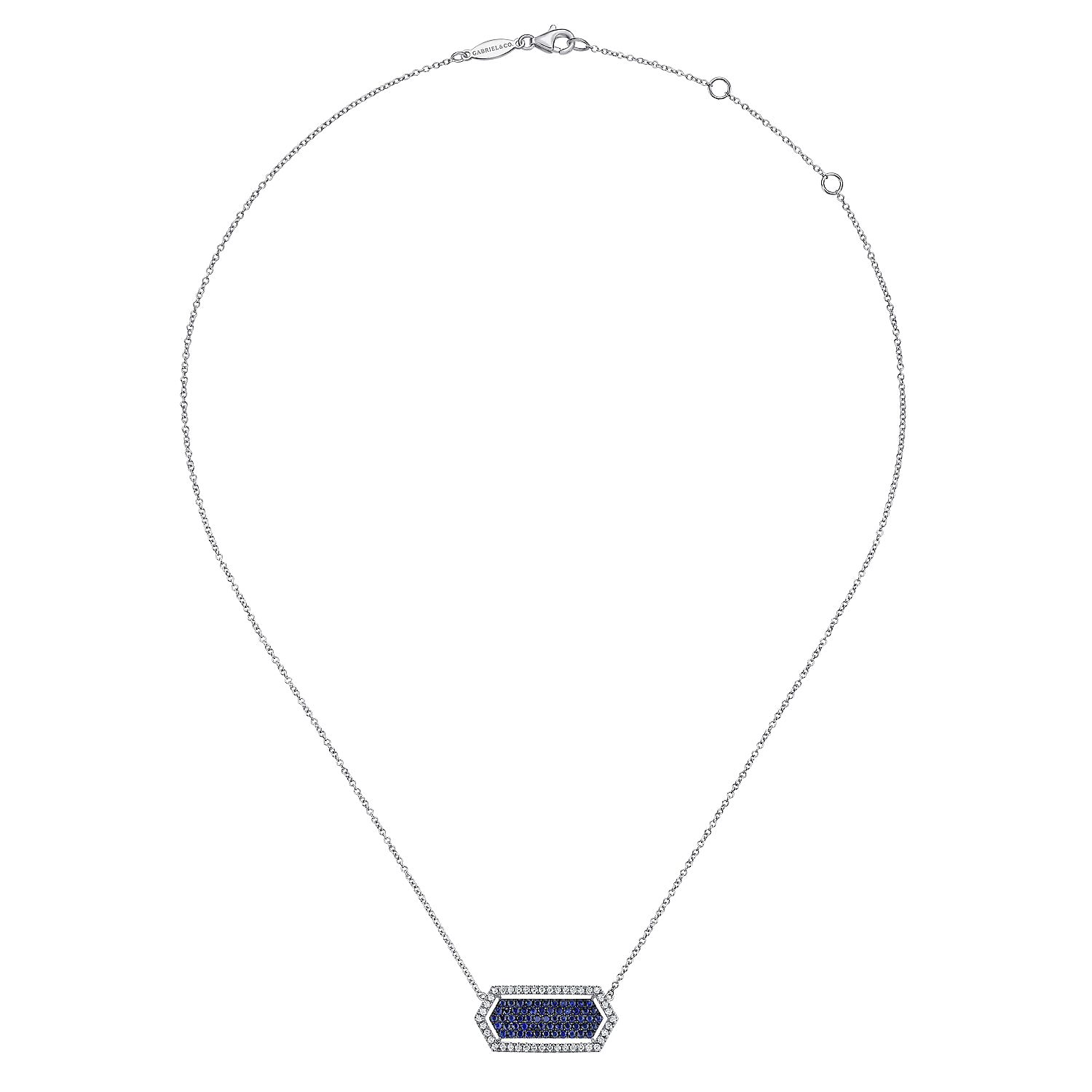 14K White Gold Elongated Hexagonal Diamond and Sapphire Pendant Necklace