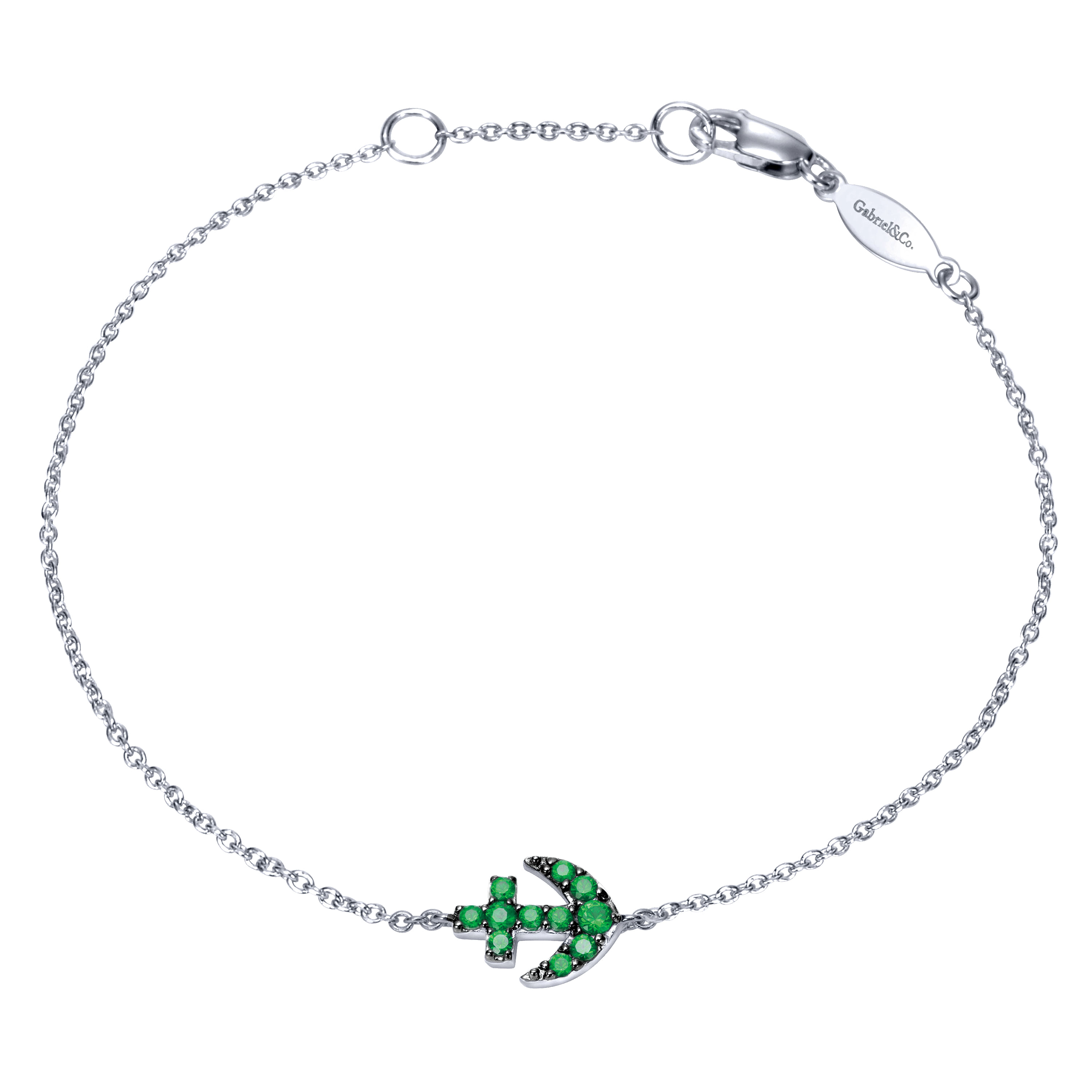 14K White Gold Emerald Anchor Chain Bracelet