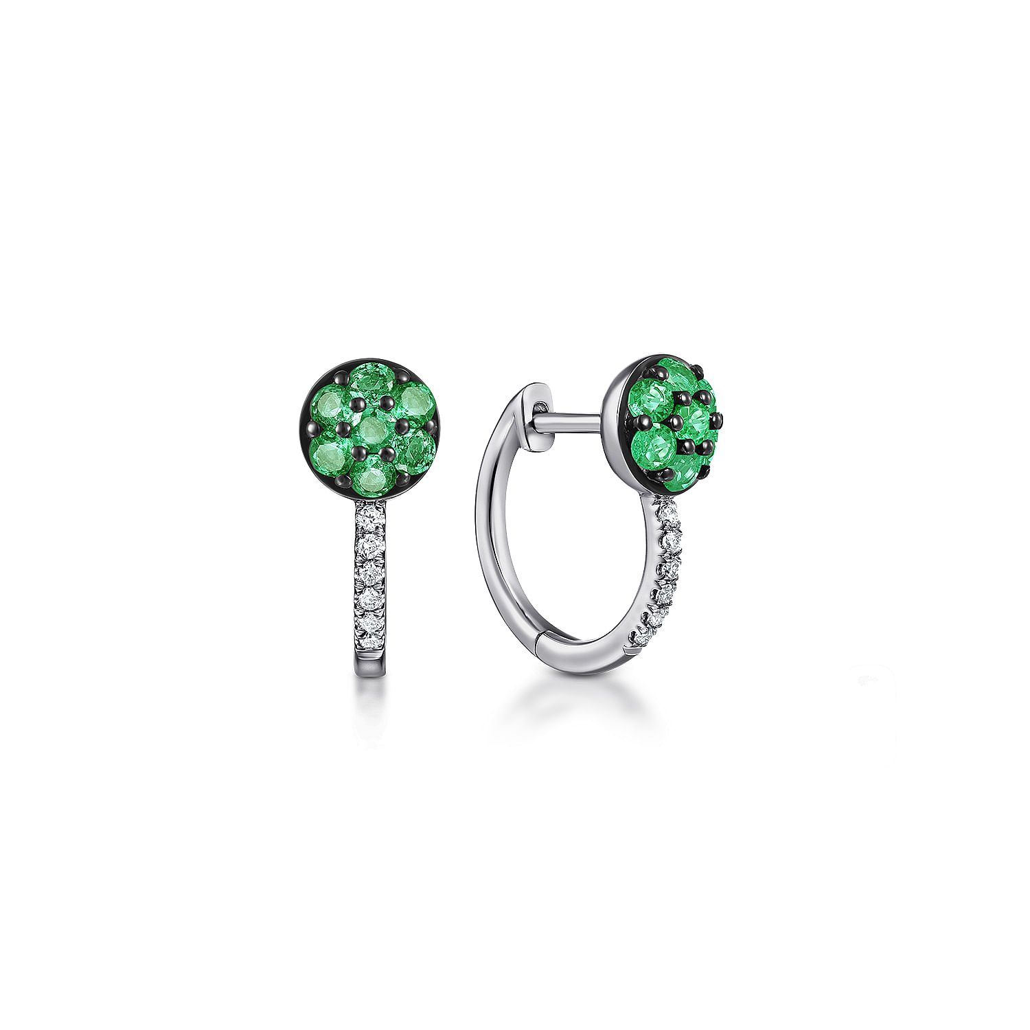 14K White Gold Emerald Cluster and 10mm Diamond Huggies