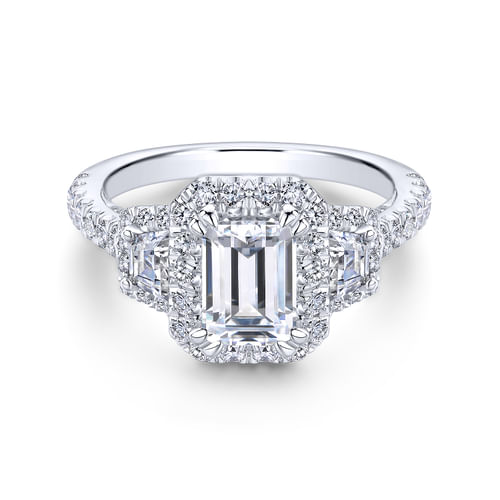 14K White Gold Emerald Cut 3 Stone Halo Diamond Channel Set Engagement Ring