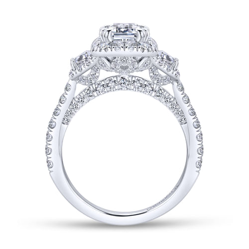 14K White Gold Emerald Cut 3 Stone Halo Diamond Channel Set Engagement Ring