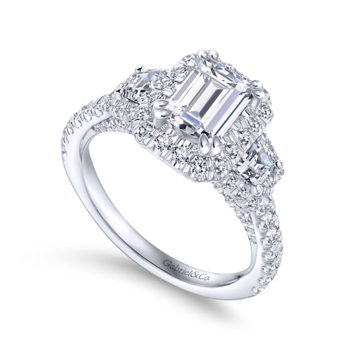 14K White Gold Emerald Cut 3 Stone Halo Diamond Channel Set Engagement Ring