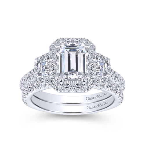 14K White Gold Emerald Cut 3 Stone Halo Diamond Channel Set Engagement Ring