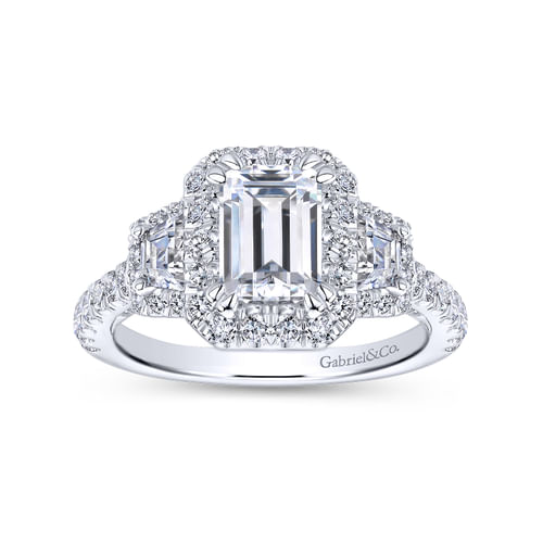 14K White Gold Emerald Cut 3 Stone Halo Diamond Channel Set Engagement Ring