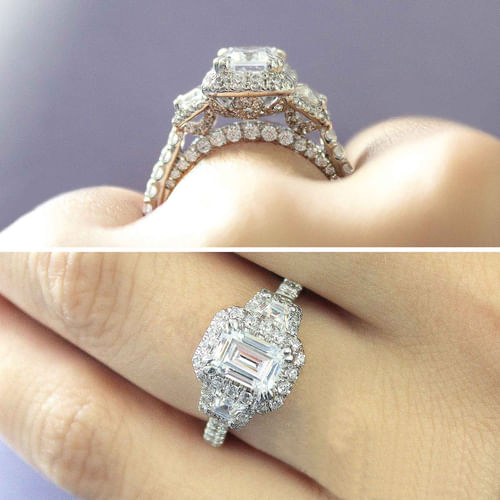 14K White Gold Emerald Cut 3 Stone Halo Diamond Channel Set Engagement Ring