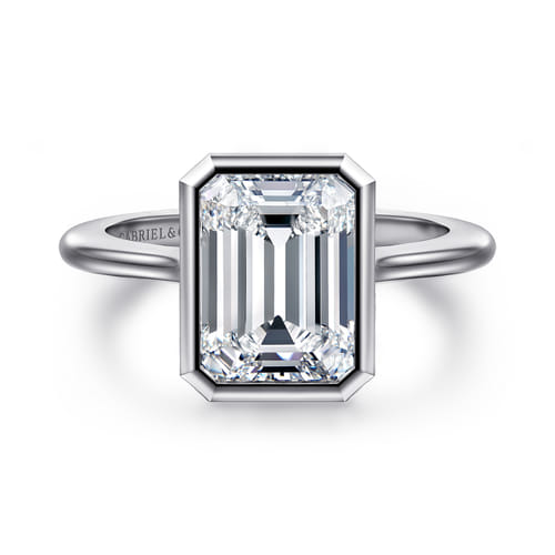 14K White Gold Emerald Cut Bezel Set Solitaire Diamond Engagement Ring
