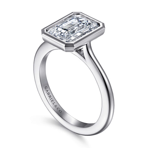 14K White Gold Emerald Cut Bezel Set Solitaire Diamond Engagement Ring
