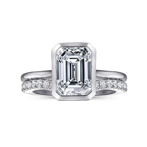14K White Gold Emerald Cut Bezel Set Solitaire Diamond Engagement Ring