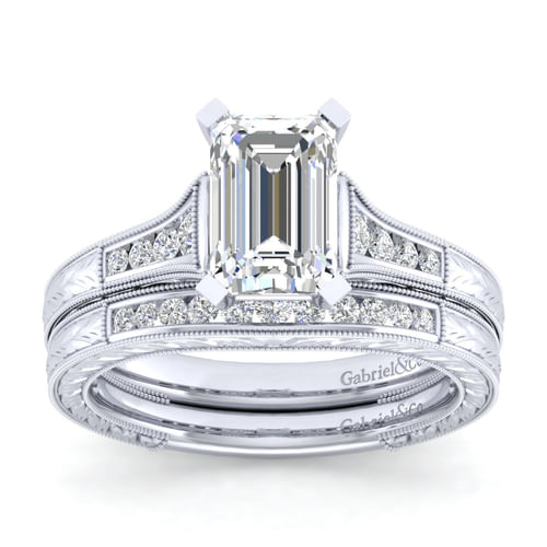 14K White Gold Emerald Cut Diamond Channel Set Engagement Ring