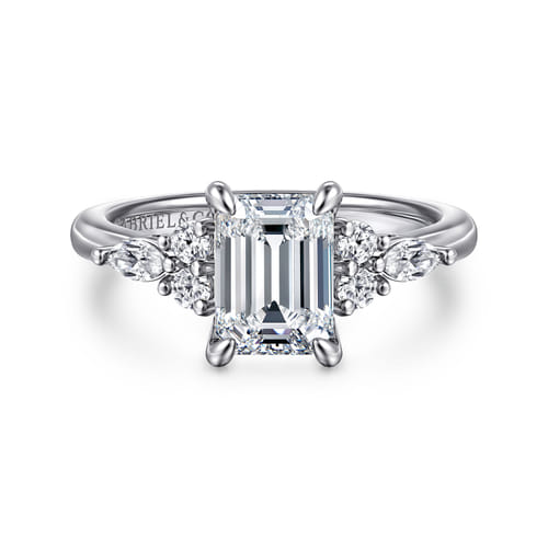 14K White Gold Emerald Cut Diamond Cluster Engagement Ring