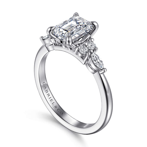 14K White Gold Emerald Cut Diamond Cluster Engagement Ring