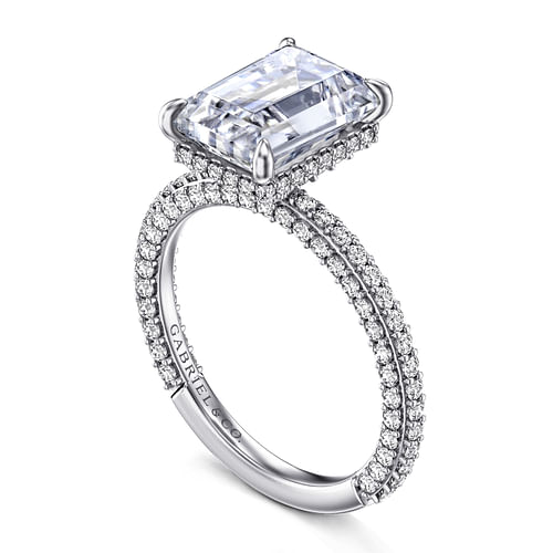 14K White Gold Emerald Cut Diamond Halo Engagement Ring