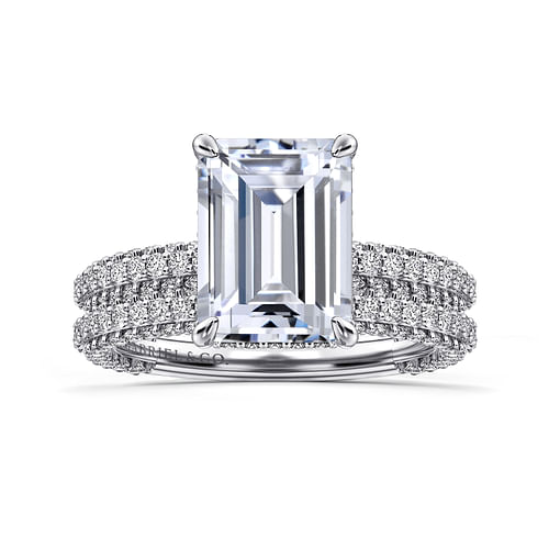 14K White Gold Emerald Cut Diamond Halo Engagement Ring