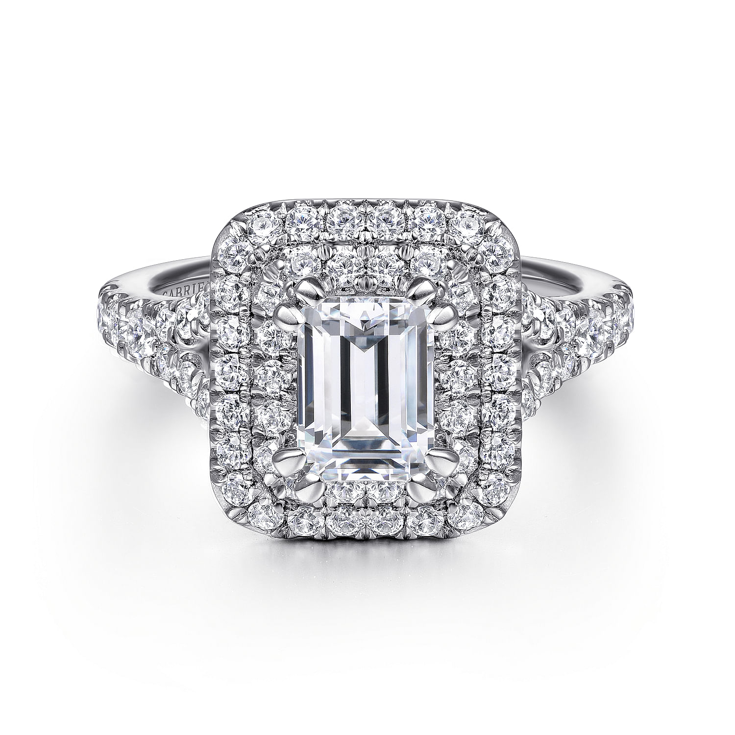 Gabriel - 14K White Gold Emerald Cut Double Halo Diamond Engagement Ring