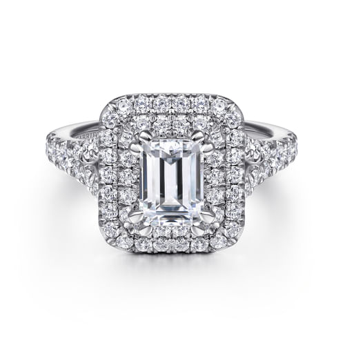 14K White Gold Emerald Cut Double Halo Diamond Engagement Ring