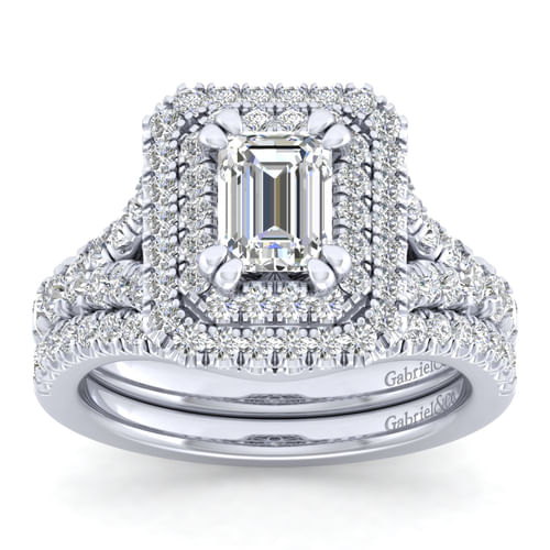 14K White Gold Emerald Cut Double Halo Diamond Engagement Ring