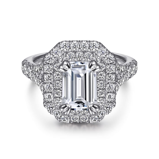 Gabriel - 14K White Gold Emerald Cut Double Halo Diamond Engagement Ring