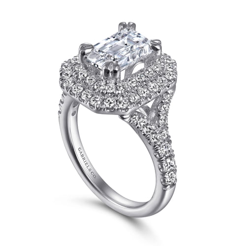 14K White Gold Emerald Cut Double Halo Diamond Engagement Ring