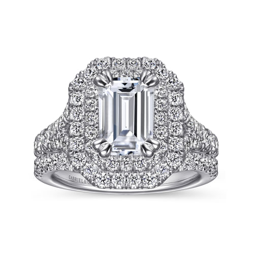 14K White Gold Emerald Cut Double Halo Diamond Engagement Ring