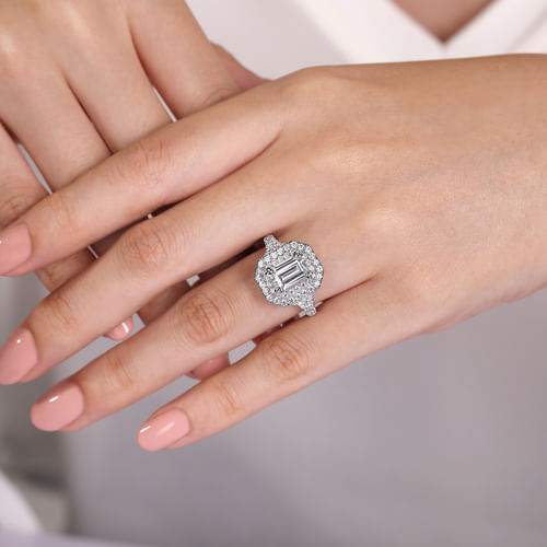 14K White Gold Emerald Cut Double Halo Diamond Engagement Ring