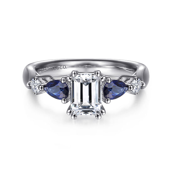 Gabriel - 14K White Gold Emerald Cut Five Stone Sapphire and Diamond Engagement Ring