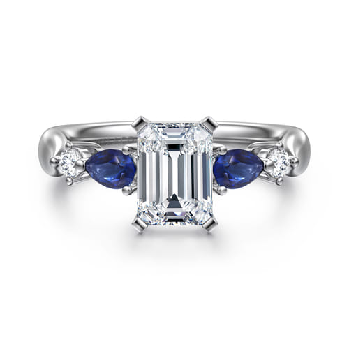 14K White Gold Emerald Cut Five Stone Sapphire and Diamond Engagement Ring