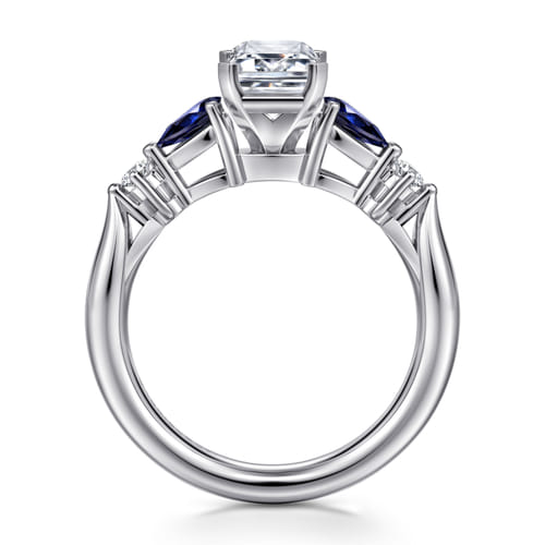 14K White Gold Emerald Cut Five Stone Sapphire and Diamond Engagement Ring