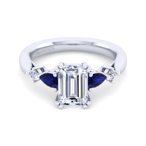 14K White Gold Emerald Cut Five Stone Sapphire and Diamond Engagement Ring