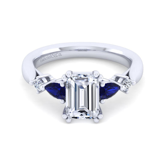 Gabriel - 14K White Gold Emerald Cut Five Stone Sapphire and Diamond Engagement Ring