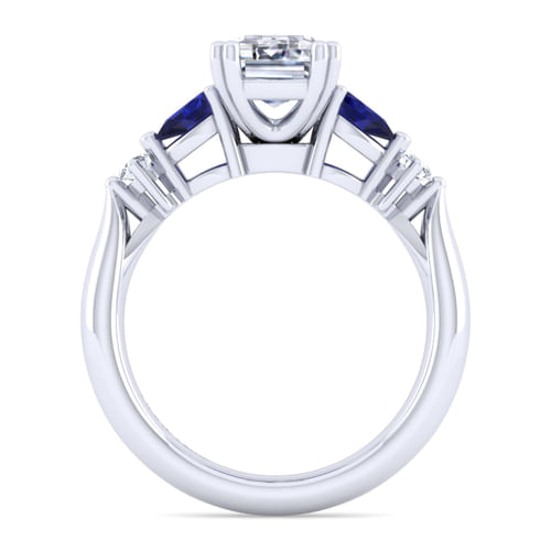 14K White Gold Emerald Cut Five Stone Sapphire and Diamond Engagement Ring