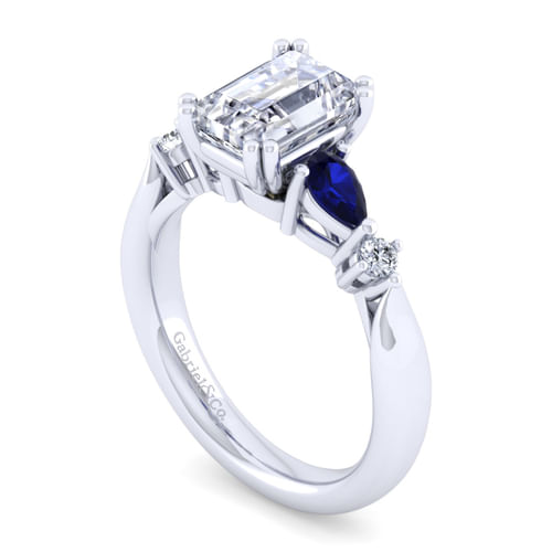 14K White Gold Emerald Cut Five Stone Sapphire and Diamond Engagement Ring