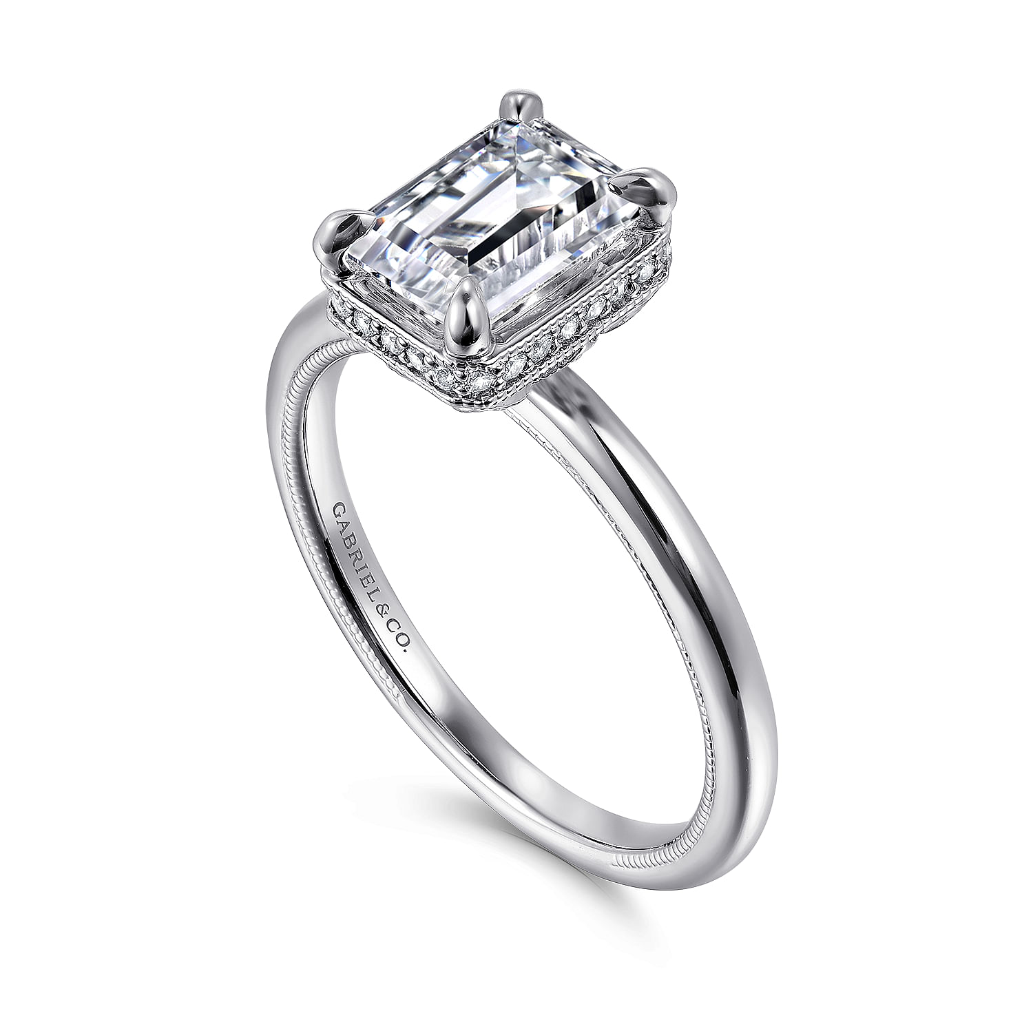 14K White Gold Emerald Cut Halo Diamond Engagement Ring