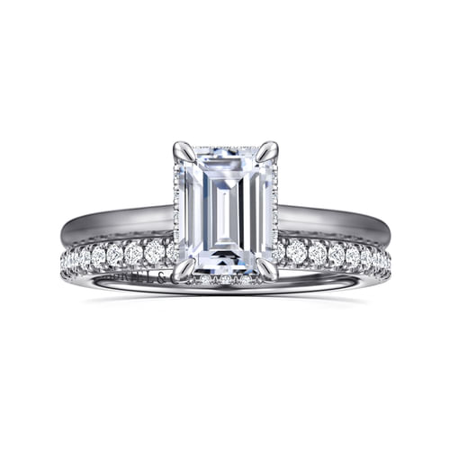 14K White Gold Emerald Cut Halo Diamond Engagement Ring