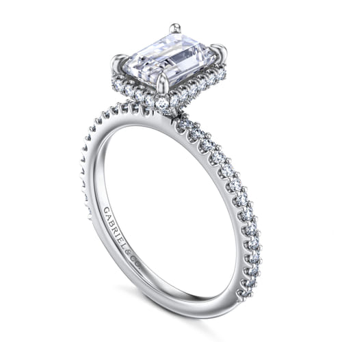 14K White Gold Emerald Cut Hidden Halo Diamond Engagement Ring