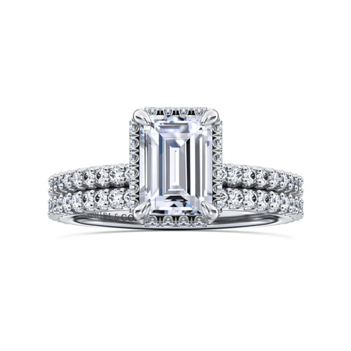 14K White Gold Emerald Cut Hidden Halo Diamond Engagement Ring
