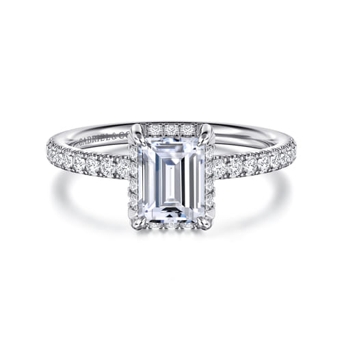 14K White Gold Emerald Cut Hidden Halo Diamond Engagement Ring