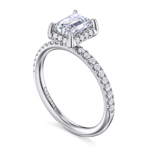 14K White Gold Emerald Cut Hidden Halo Diamond Engagement Ring