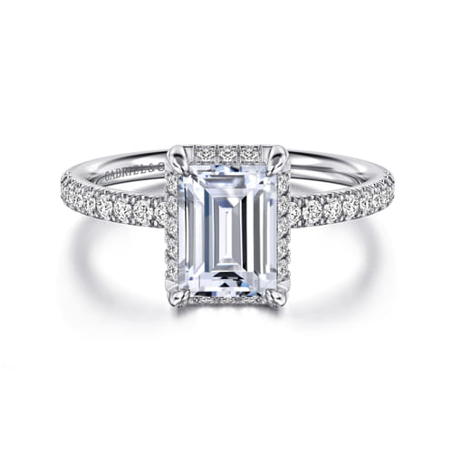 14K White Gold Emerald Cut Hidden Halo Diamond Engagement Ring