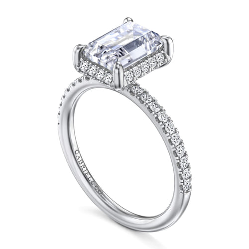 14K White Gold Emerald Cut Hidden Halo Diamond Engagement Ring