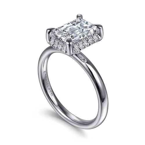 14K White Gold Emerald Cut Hidden Halo Diamond Engagement Ring