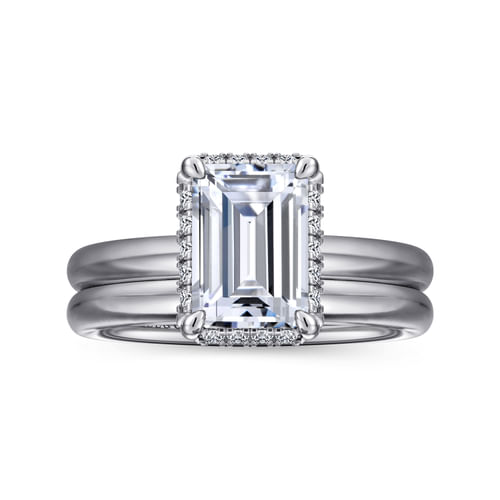 14K White Gold Emerald Cut Hidden Halo Diamond Engagement Ring