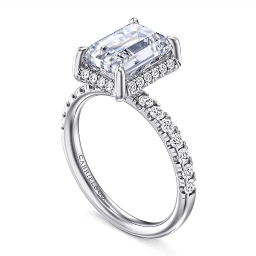 14K White Gold Emerald Cut Hidden Halo Diamond Engagement Ring