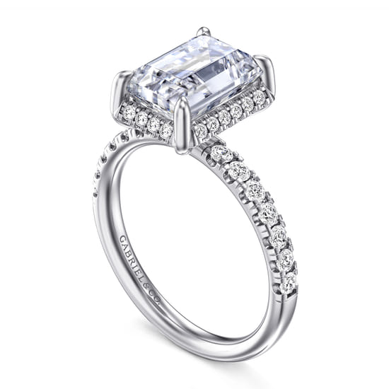 14K White Gold Emerald Cut Hidden Halo Diamond Engagement Ring angle 3