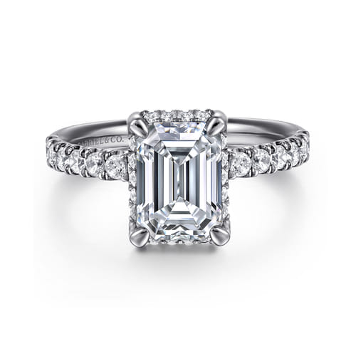 14K White Gold Emerald Cut Hidden Halo Diamond Engagement Ring