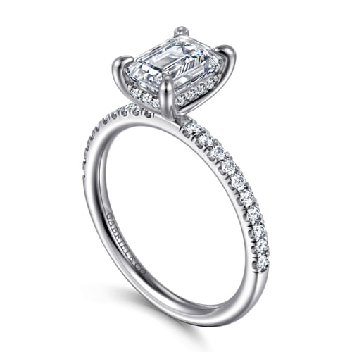 14K White Gold Emerald Cut Hidden Halo Diamond Engagement Ring