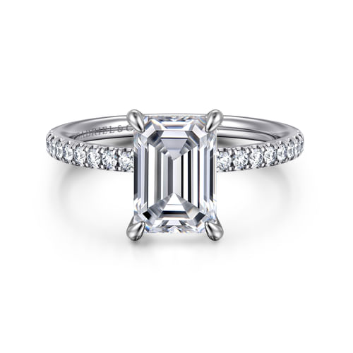 14K White Gold Emerald Cut Hidden Halo Diamond Engagement Ring